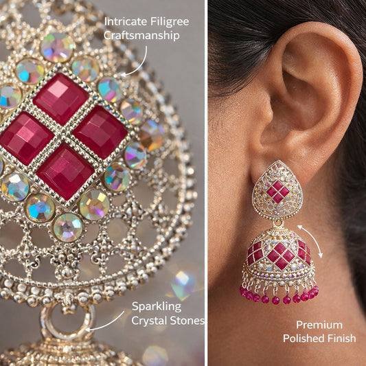 Pink Jhumki Traditional Earrings With Beaded Drops
