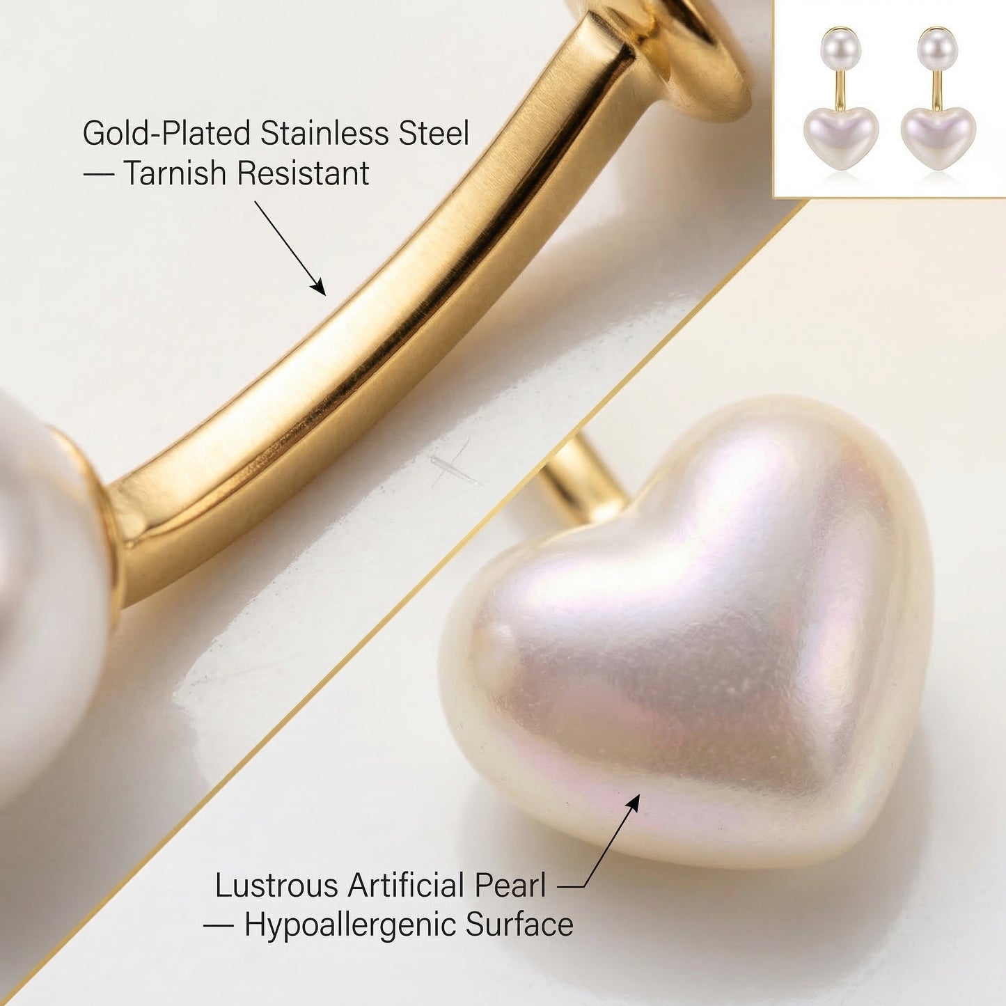 Convertible 2-in-1 White Heart Pearl Stud Drop Earrings