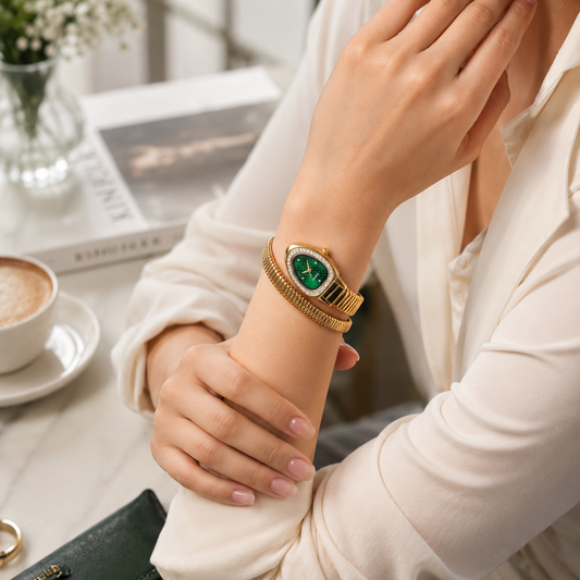 Single Layer Snake Wrap Watch Green Dial