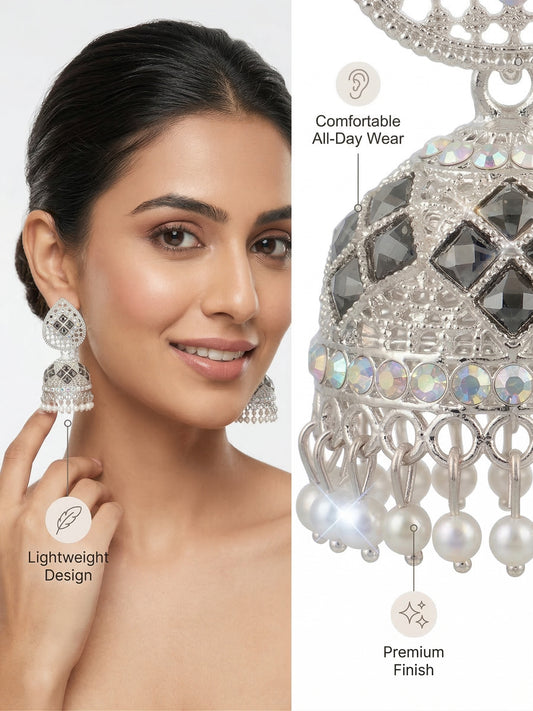 Silver Jhumki Traditional Earrings With Beaded Drops