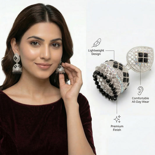 Black Jhumki Traditional Earrings With Beaded Drops