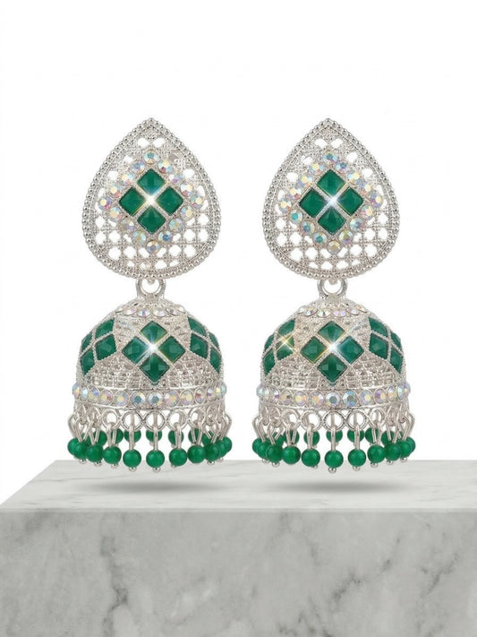 Green Jhumki Traditional Earrings With Beaded Drops