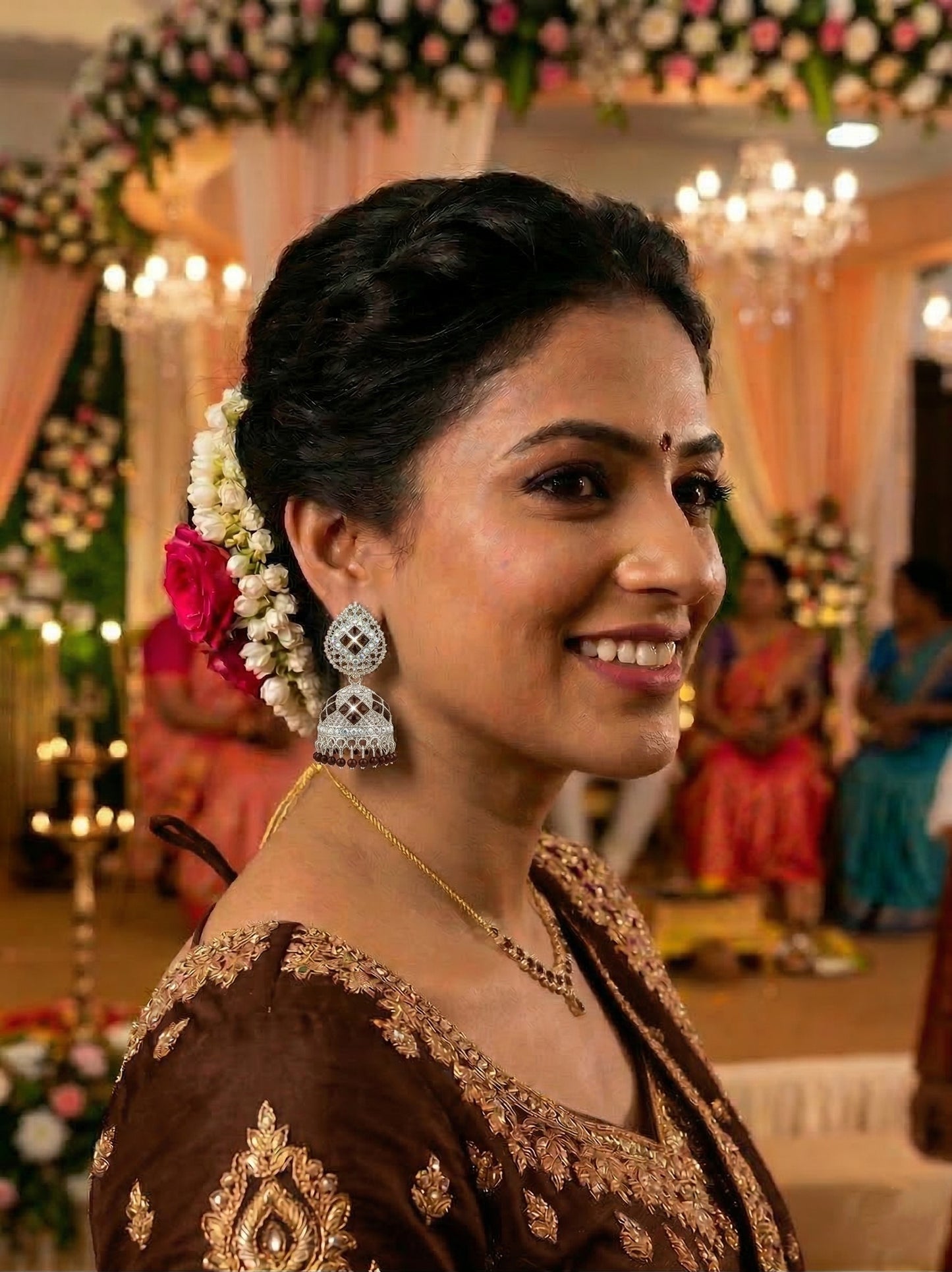 Brown Jhumki Traditional Earrings With Beaded Drops