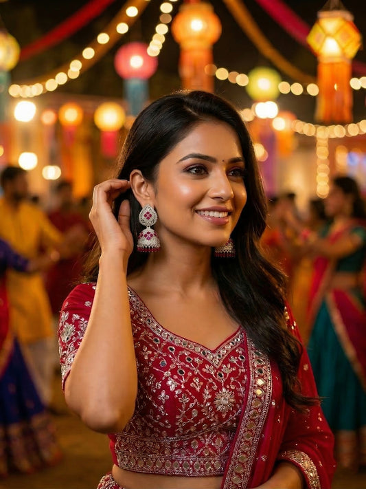 Red Jhumki Traditional Earrings With Beaded Drops