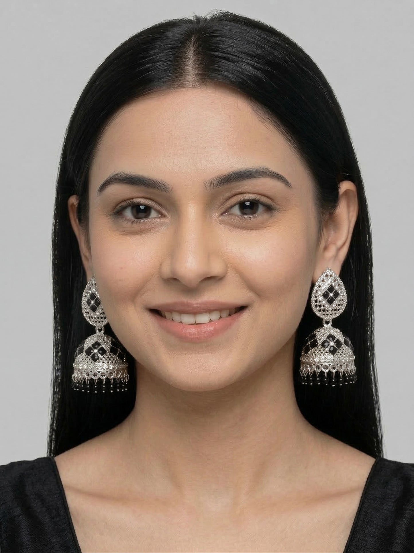 Black Jhumki Traditional Earrings With Beaded Drops