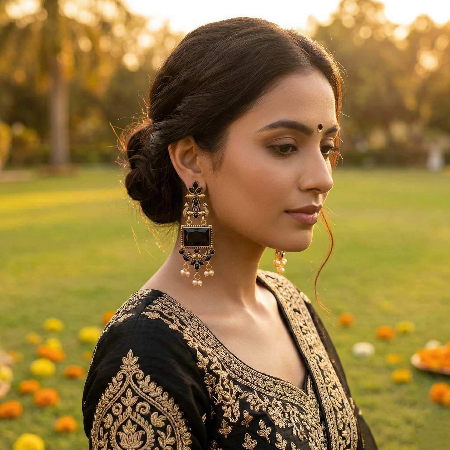 Black Jhumki Peacock Traditional Earrings