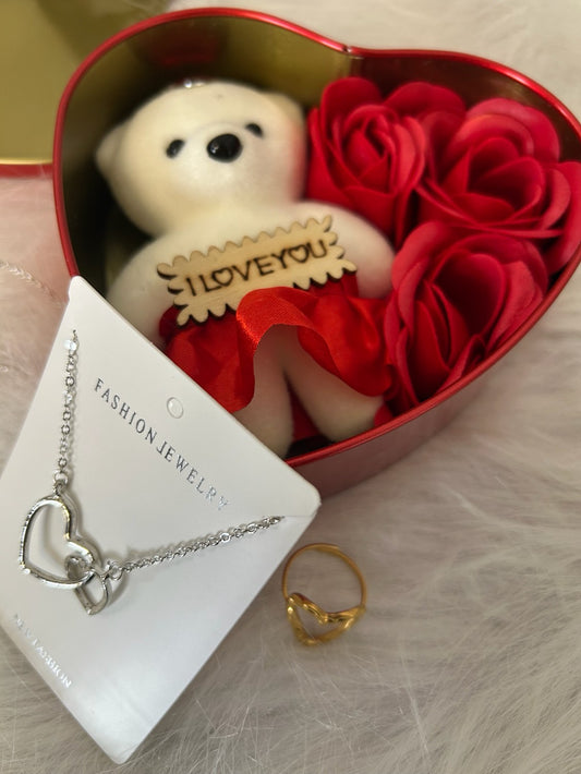 Heart Shaped Big Box With Teddy, Artificial Roses and Jewellery