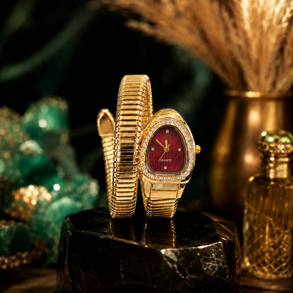 Single Layer Snake Wrap Watch Maroon Dial