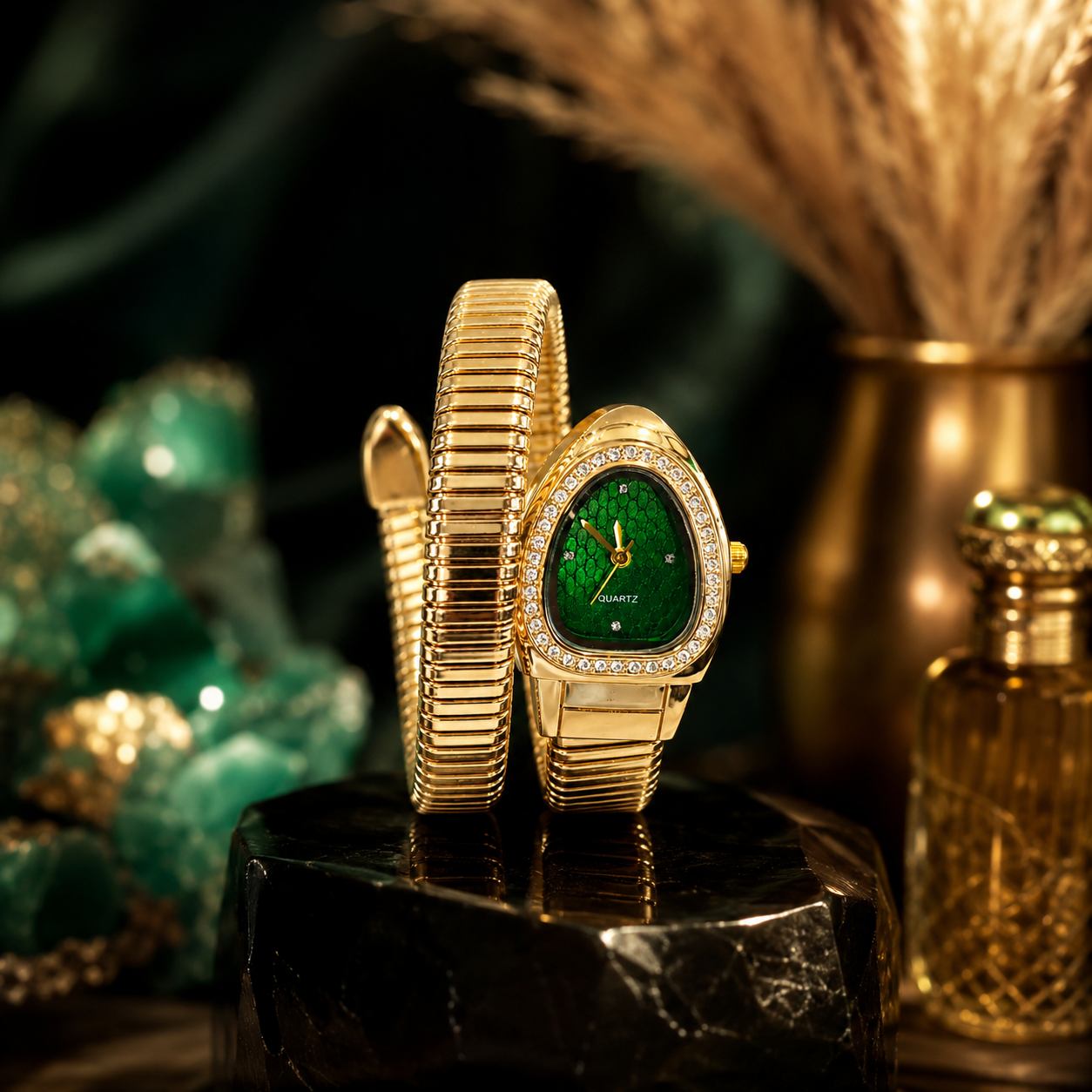 Single Layer Snake Wrap Watch Green Dial