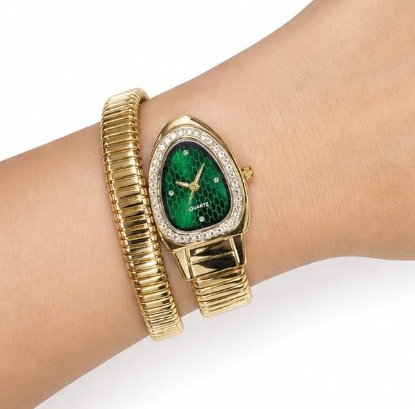 Single Layer Snake Wrap Watch Green Dial