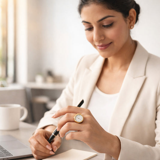 Ring Real Watch with Elastic Band, Quartz Movement & Crystal Accents