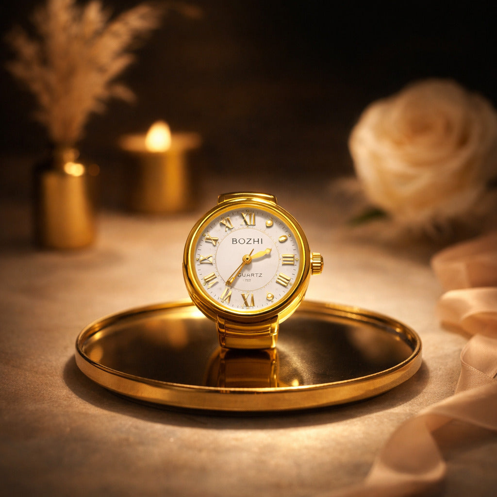 Ring Real Watch with Elastic Band, Quartz Movement & Crystal Accents