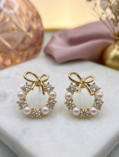 Bow Pearl Diamond Hoop Earring