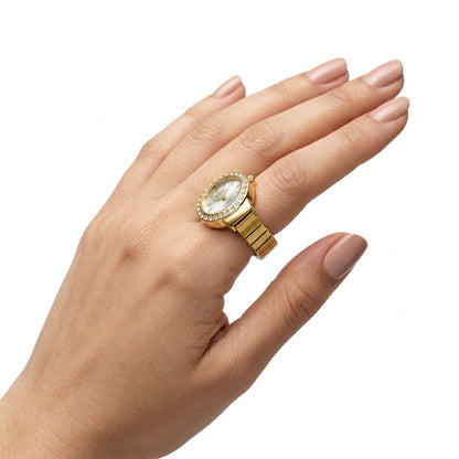 Sparkling Crystal Bezel Ring Real Watch with Elastic Band, Quartz Movement & Crystal Accents