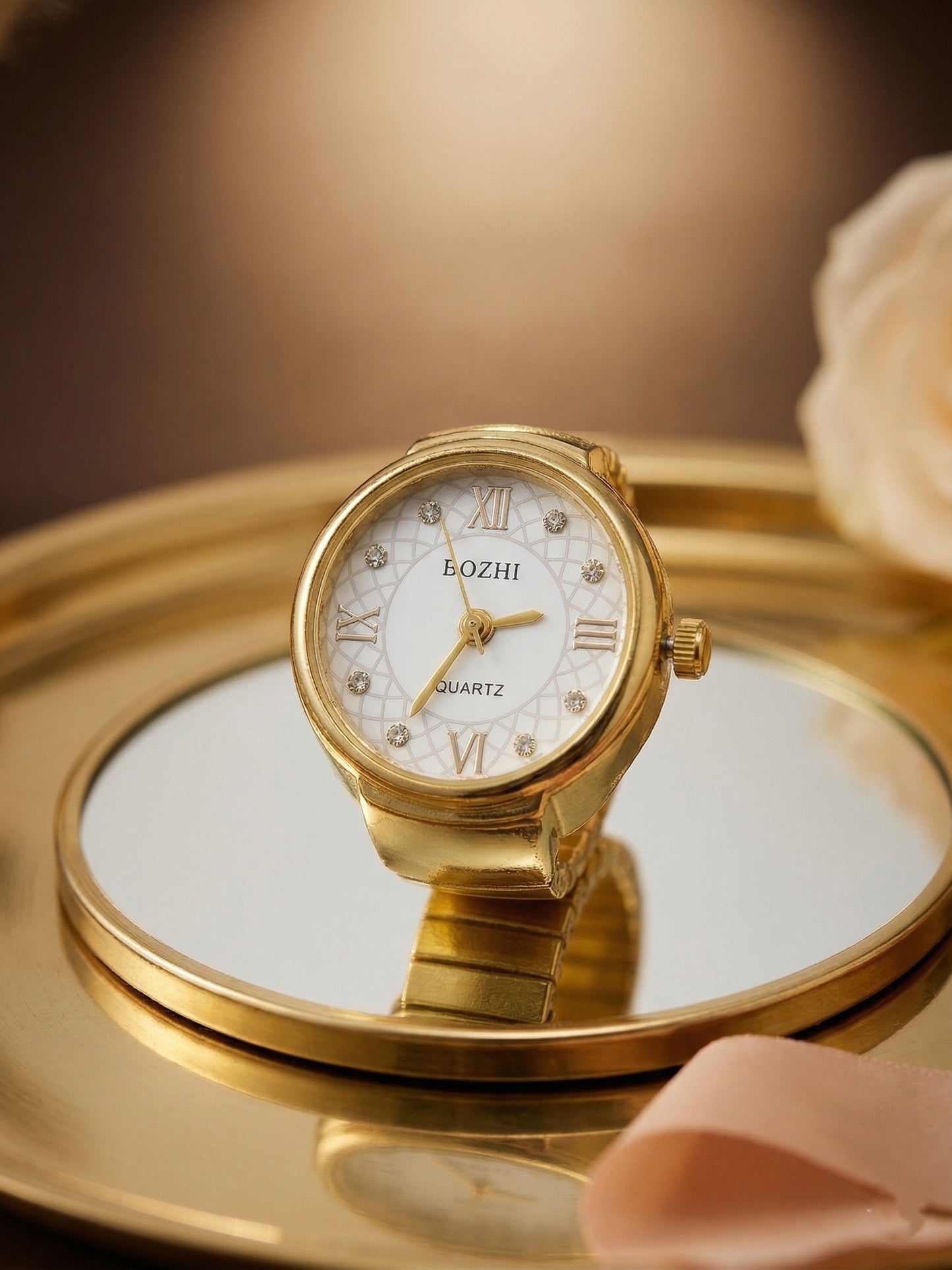 Ring Real Watch with Elastic Band, Quartz Movement & Crystal Accents
