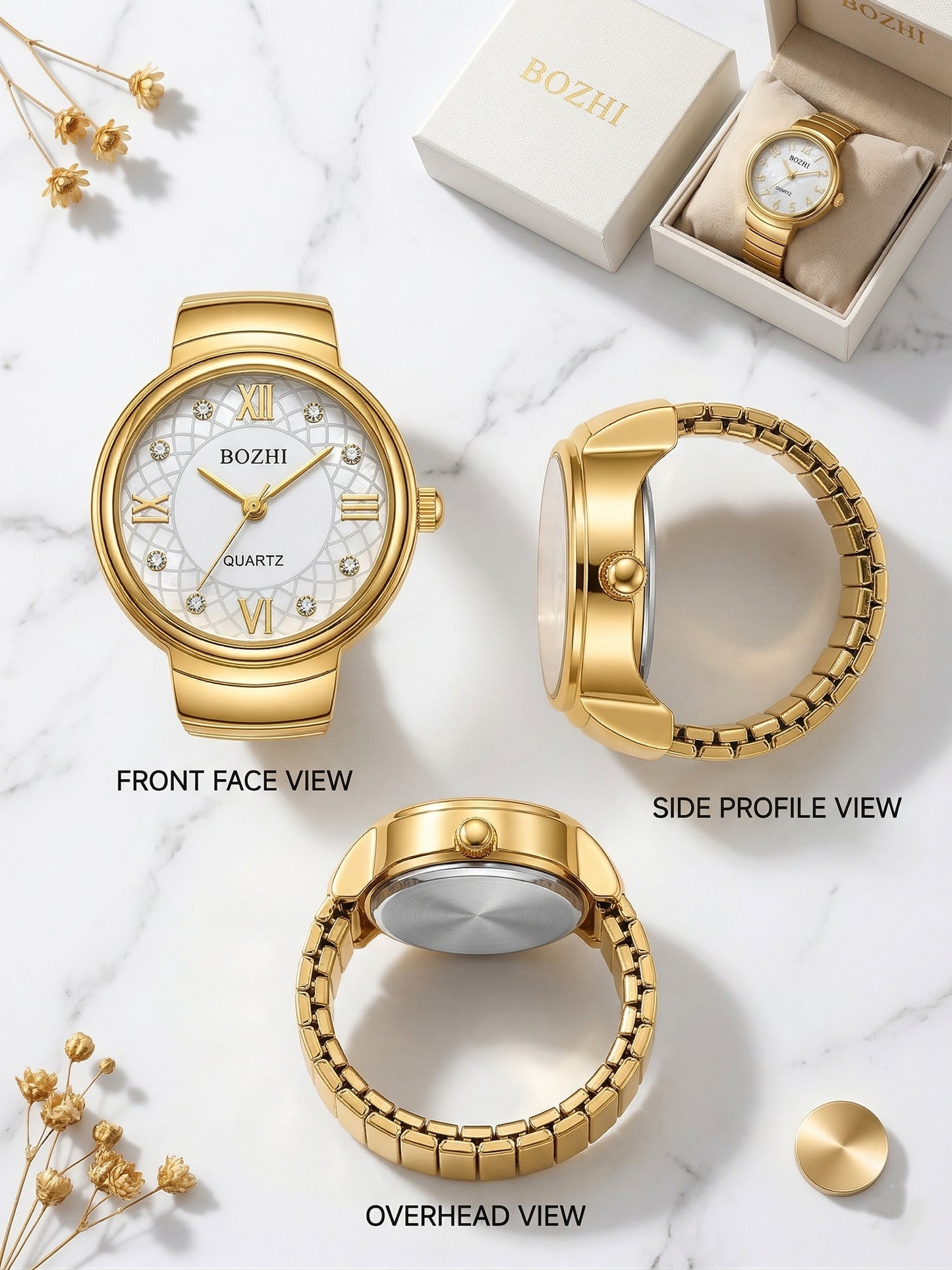 Ring Real Watch with Elastic Band, Quartz Movement & Crystal Accents