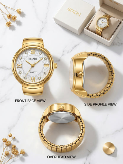 Ring Real Watch with Elastic Band, Quartz Movement & Crystal Accents