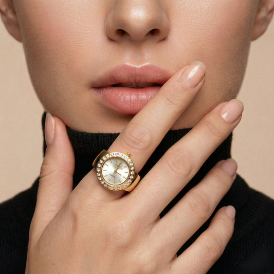 Sparkling Crystal Bezel Ring Real Watch with Elastic Band, Quartz Movement & Crystal Accents