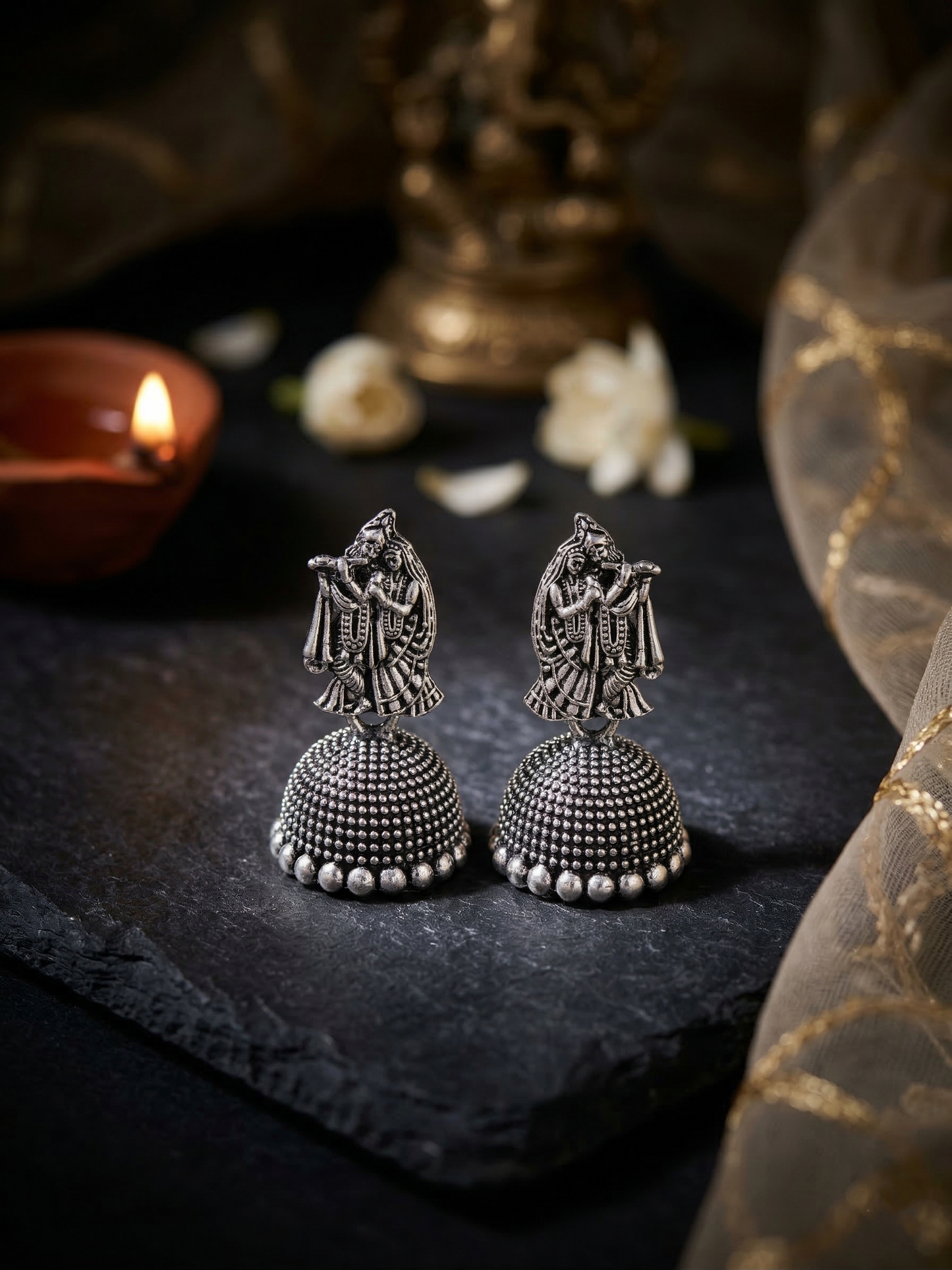 Oxidized Radha Krishna Jhumka Earrings