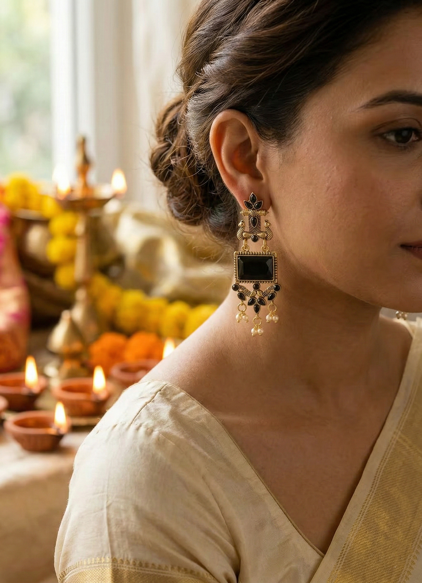 Black Jhumki Peacock Traditional Earrings