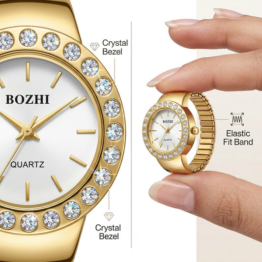 Sparkling Crystal Bezel Ring Real Watch with Elastic Band, Quartz Movement & Crystal Accents