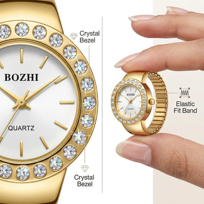 Sparkling Crystal Bezel Ring Real Watch with Elastic Band, Quartz Movement & Crystal Accents