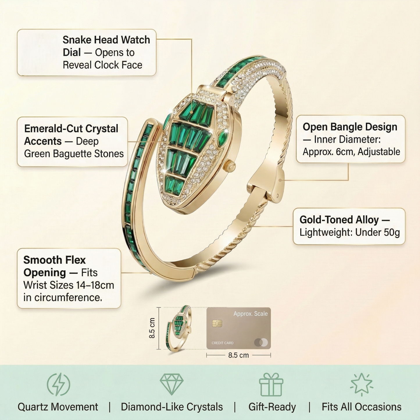 Green Bracelet Snake Watch Suitable for Medium Wrists