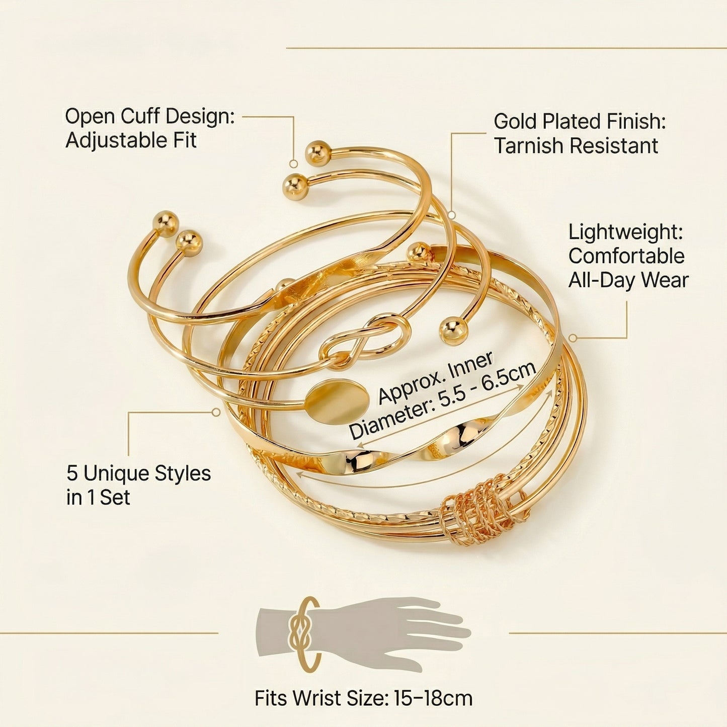 Gold Plated Bangle Bracelet Stack Combo of 5