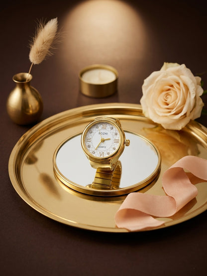 Ring Real Watch with Elastic Band, Quartz Movement & Crystal Accents