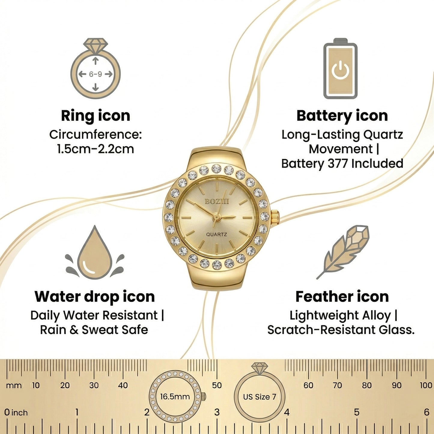 Sparkling Crystal Bezel Ring Real Watch with Elastic Band, Quartz Movement & Crystal Accents