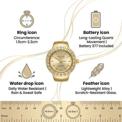 Sparkling Crystal Bezel Ring Real Watch with Elastic Band, Quartz Movement & Crystal Accents