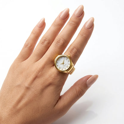 Ring Real Watch with Elastic Band, Quartz Movement & Crystal Accents
