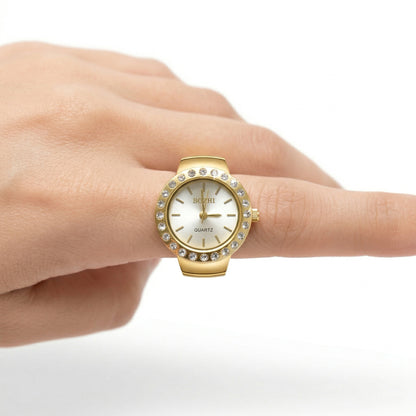 Sparkling Crystal Bezel Ring Real Watch with Elastic Band, Quartz Movement & Crystal Accents