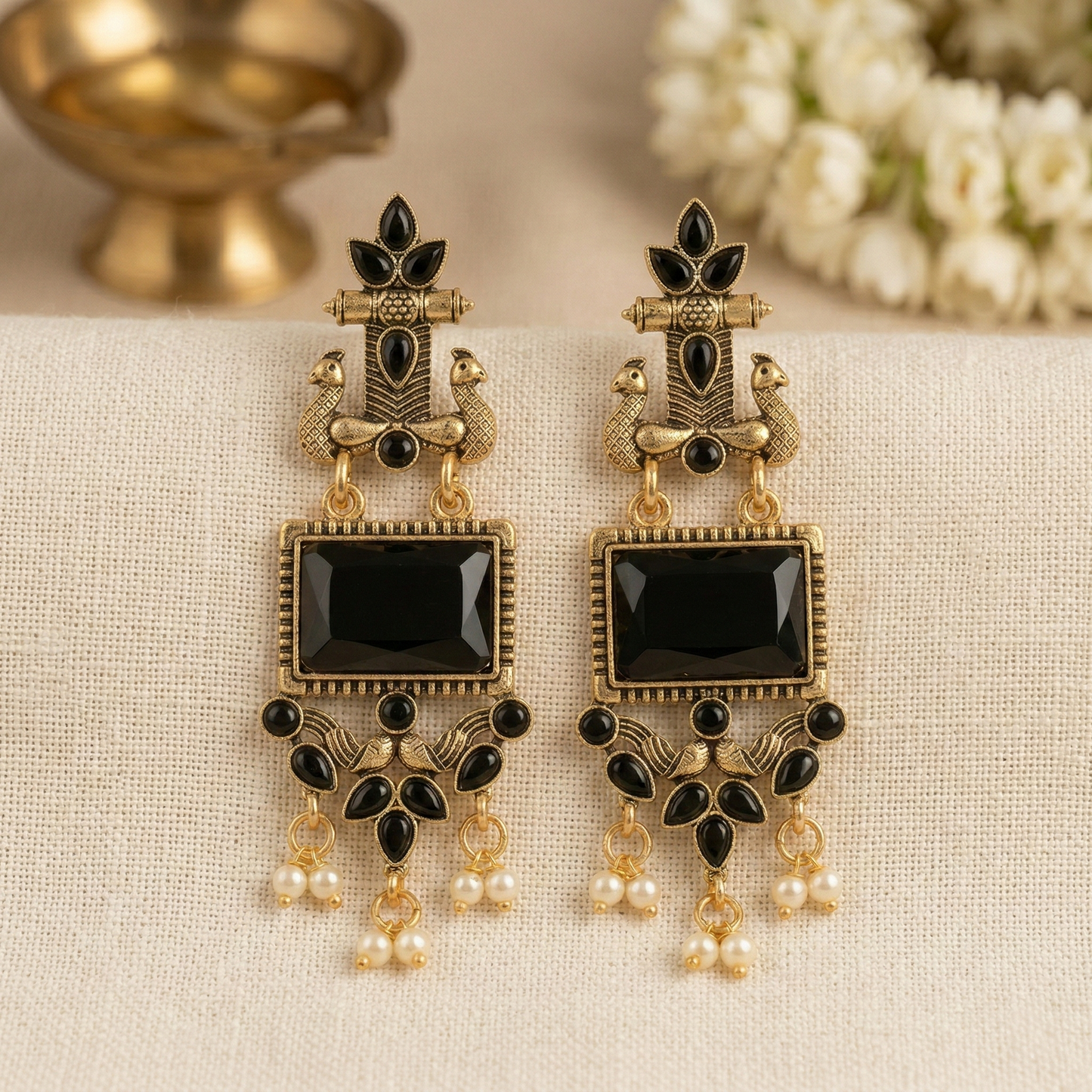 Black Jhumki Peacock Traditional Earrings