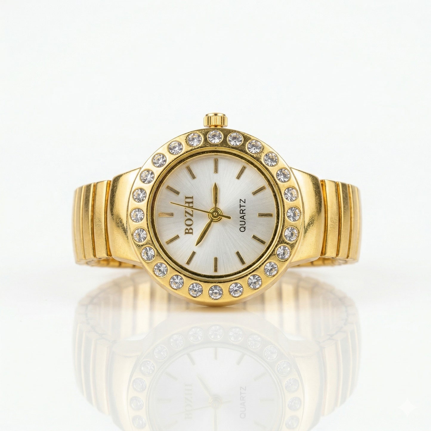 Sparkling Crystal Bezel Ring Real Watch with Elastic Band, Quartz Movement & Crystal Accents