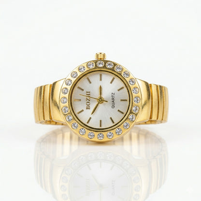 Sparkling Crystal Bezel Ring Real Watch with Elastic Band, Quartz Movement & Crystal Accents