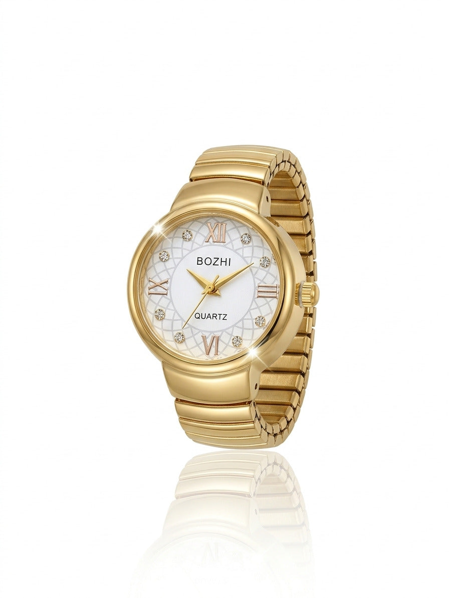 Ring Real Watch with Elastic Band, Quartz Movement & Crystal Accents