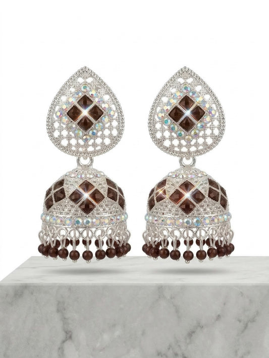 Brown Jhumki Traditional Earrings With Beaded Drops