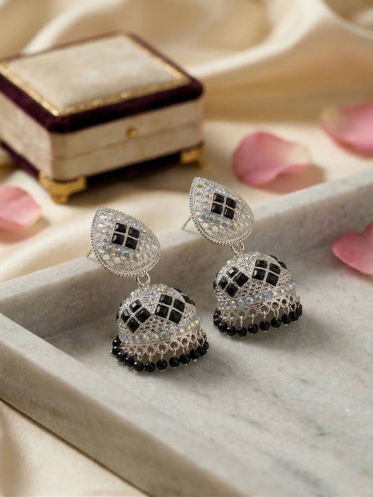 Black Jhumki Traditional Earrings With Beaded Drops