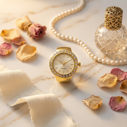 Sparkling Crystal Bezel Ring Real Watch with Elastic Band, Quartz Movement & Crystal Accents