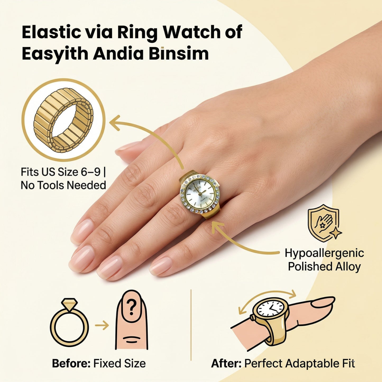 Sparkling Crystal Bezel Ring Real Watch with Elastic Band, Quartz Movement & Crystal Accents