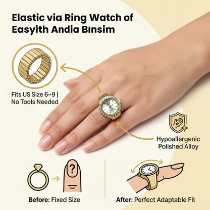 Sparkling Crystal Bezel Ring Real Watch with Elastic Band, Quartz Movement & Crystal Accents