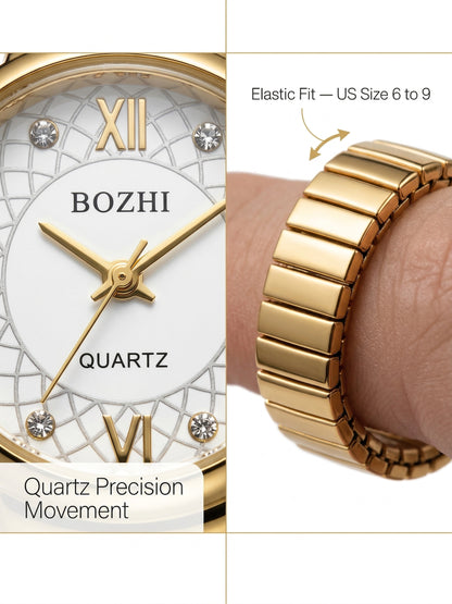 Ring Real Watch with Elastic Band, Quartz Movement & Crystal Accents