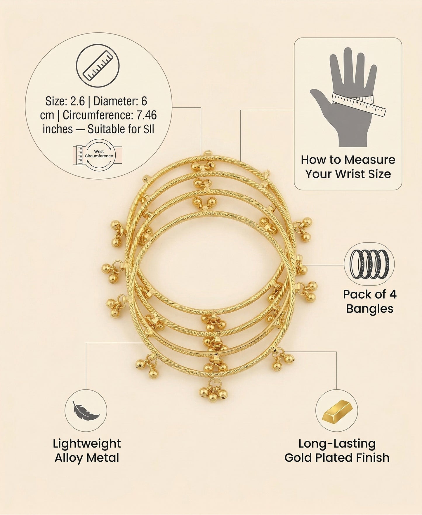 Gold Ghungroo Kashmiri Bangles  (Set of 4)