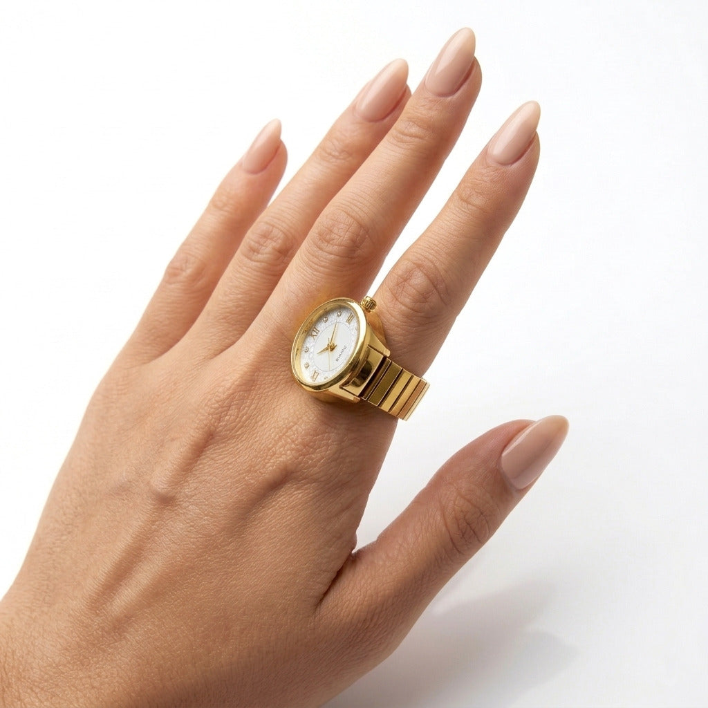 Ring Real Watch with Elastic Band, Quartz Movement & Crystal Accents