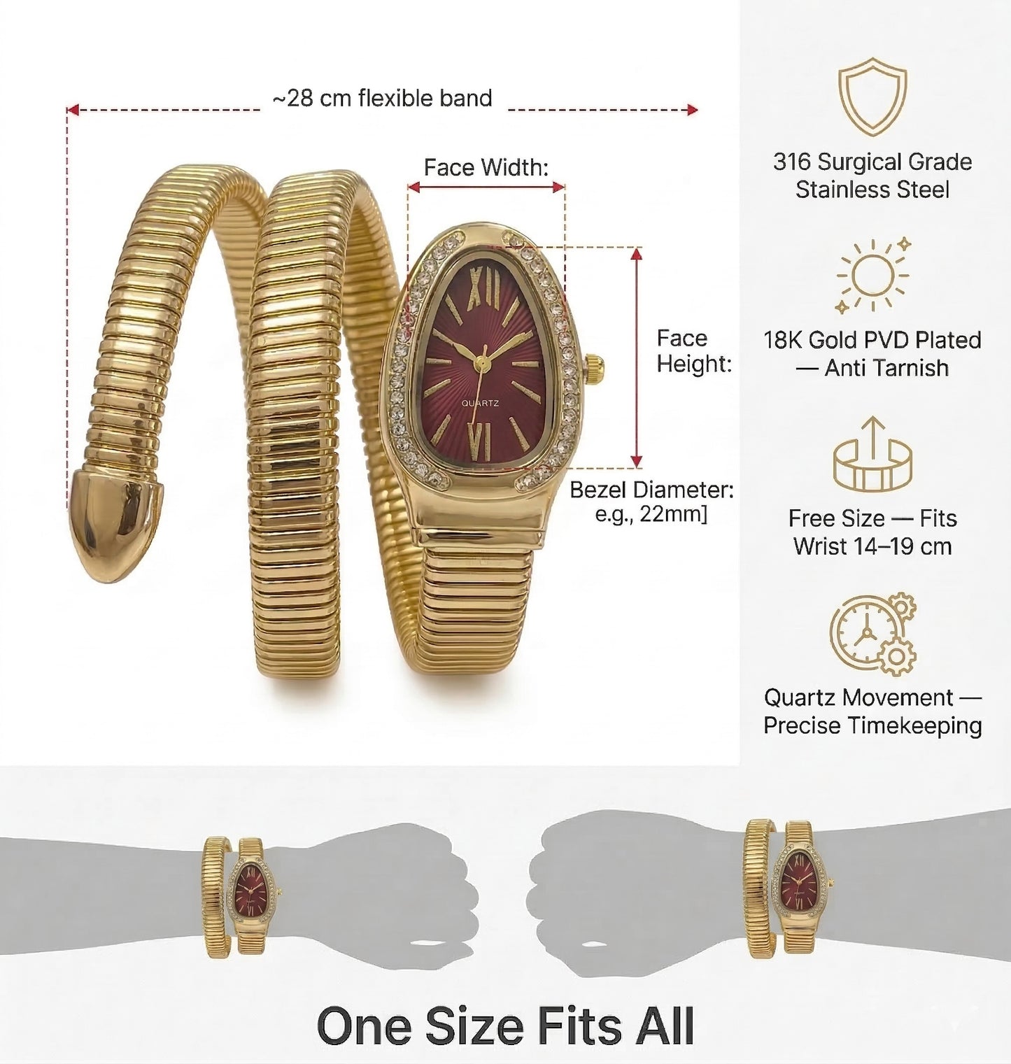 Snake Wrap Watch Maroon Dial