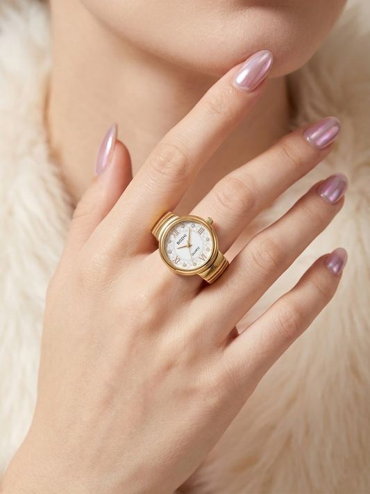 Ring Real Watch with Elastic Band, Quartz Movement & Crystal Accents