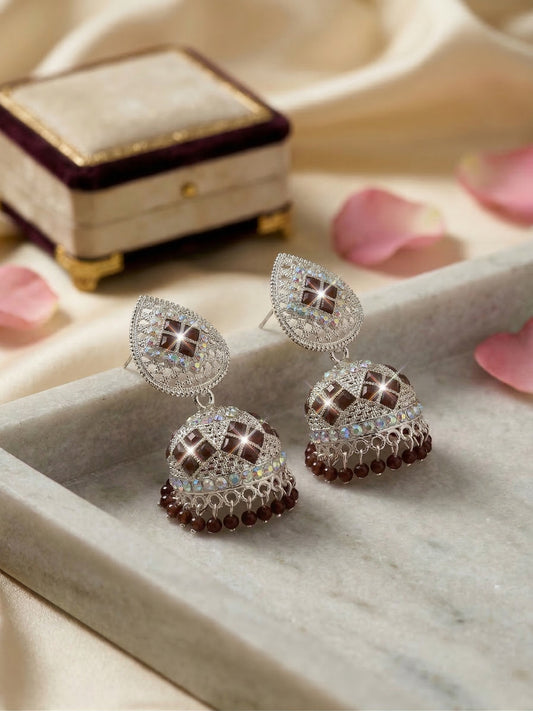 Brown Jhumki Traditional Earrings With Beaded Drops