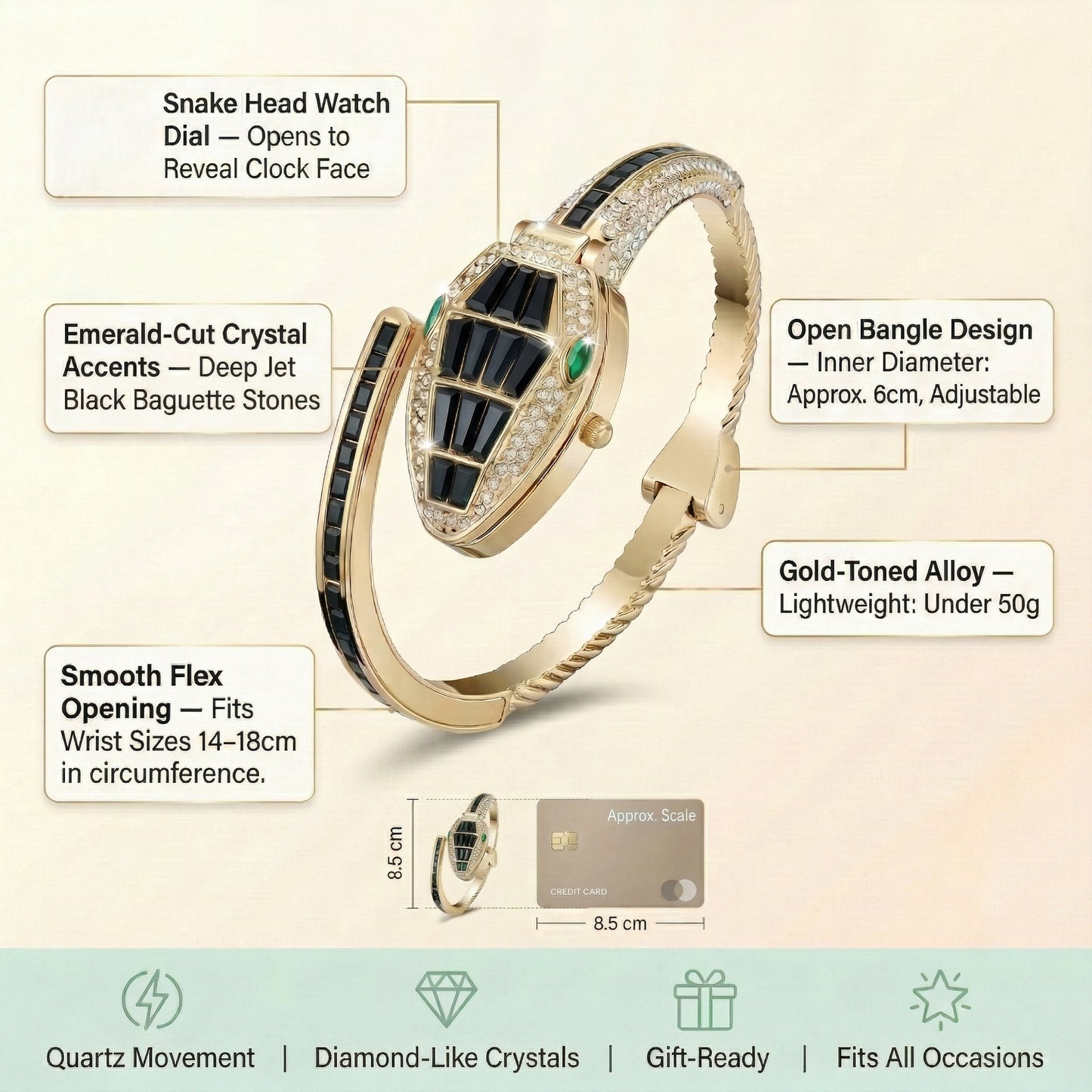 Black Bracelet Snake Watch Suitable for Medium Wrists