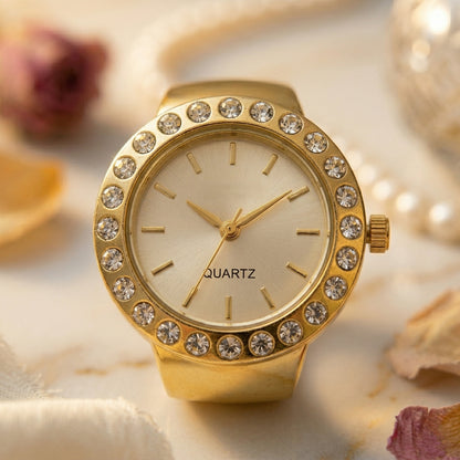Sparkling Crystal Bezel Ring Real Watch with Elastic Band, Quartz Movement & Crystal Accents